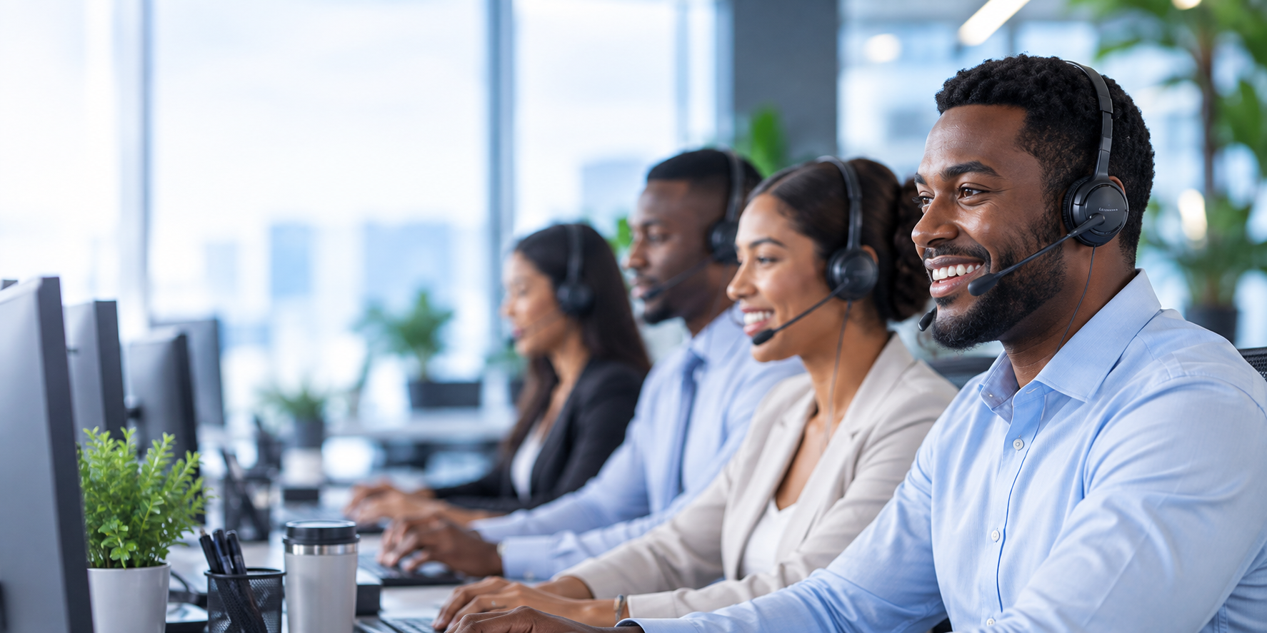 Professional call centre team working with customers