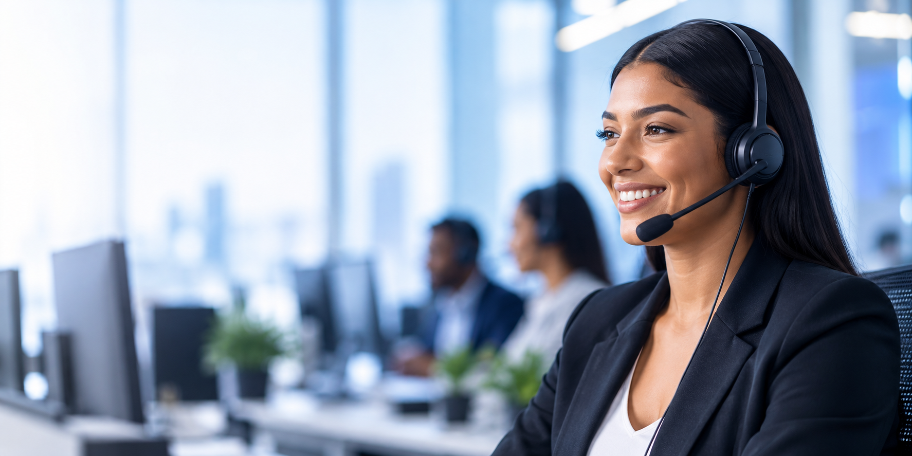 Professional businesswoman using a headset for business communications